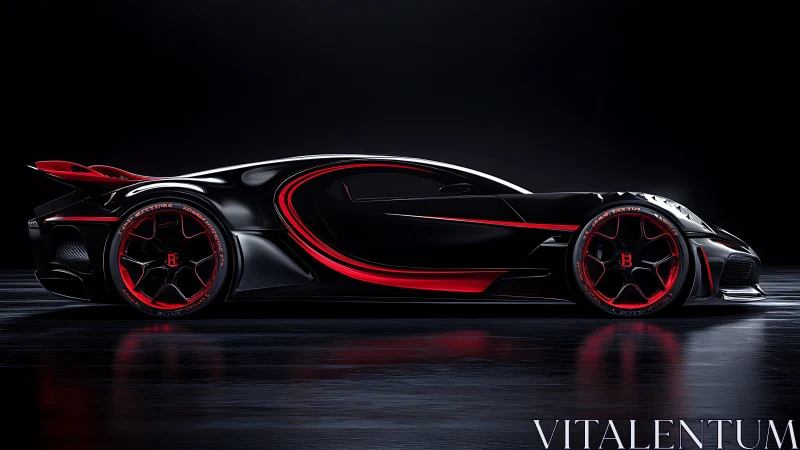Black and red hypercar side profile on reflective dark floor.