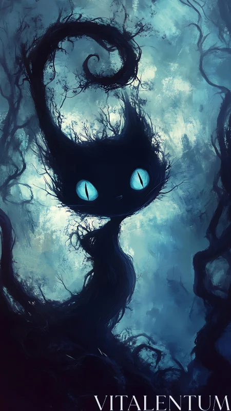 Nocturnal cat silhouette merges with twisted arboreal forms
