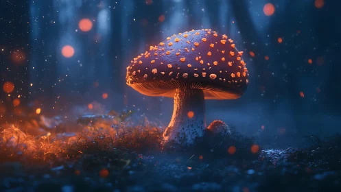 Glowing forest mushroom under cool blue twilight haze.