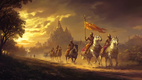 Golden cavalry surges toward a sun-drenched mythic citadel.