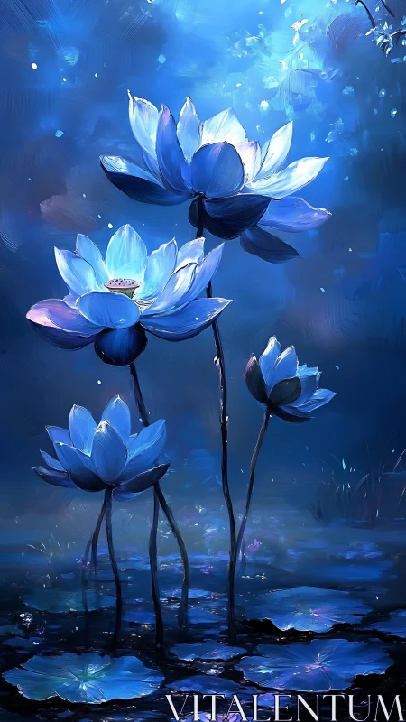 Blue lotus flowers rising from dark, reflective water at night.