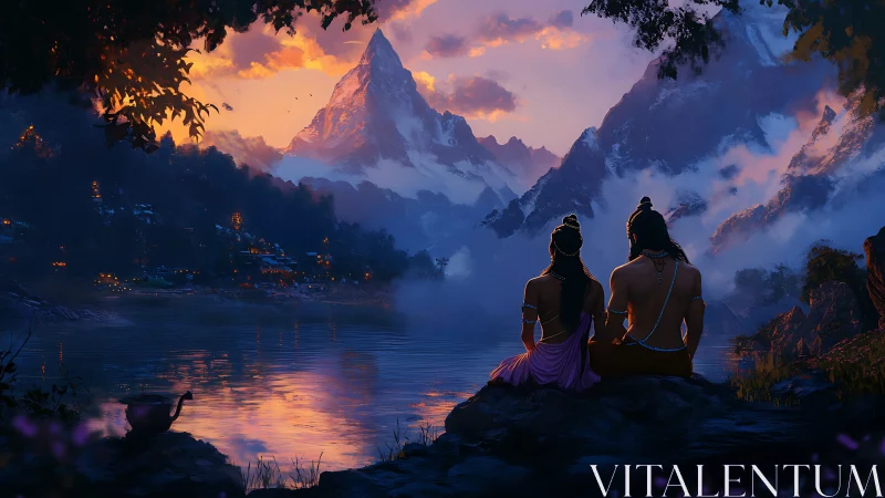 Mythic couple observing glacial lake under luminous dusk sky.