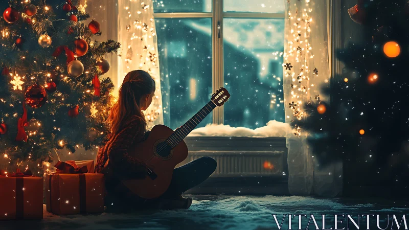Girl with guitar savoring cozy Christmas tree magic.