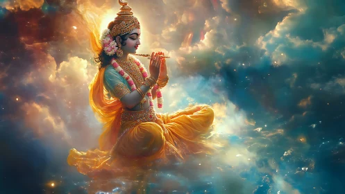 Celestial flute player in luminous nebular cloudscape meditation.