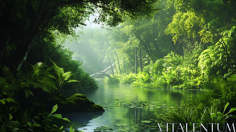 Verdant Waterway Breathes Where Jungle Canopy Filters Ethereal Light