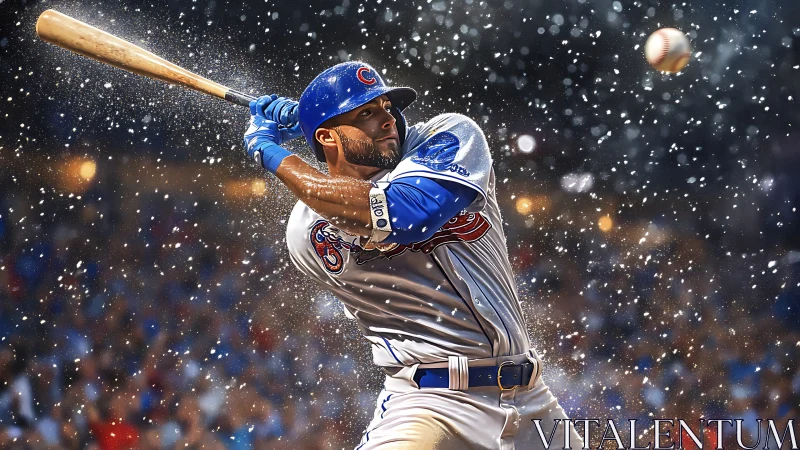 Stadium comet swing frozen in electric storm of baseball dust.