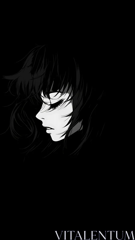 Monochrome side profile of female face in black field.