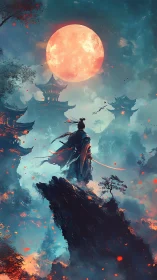 Samurai silhouette studies lunar backlight and atmospheric depth