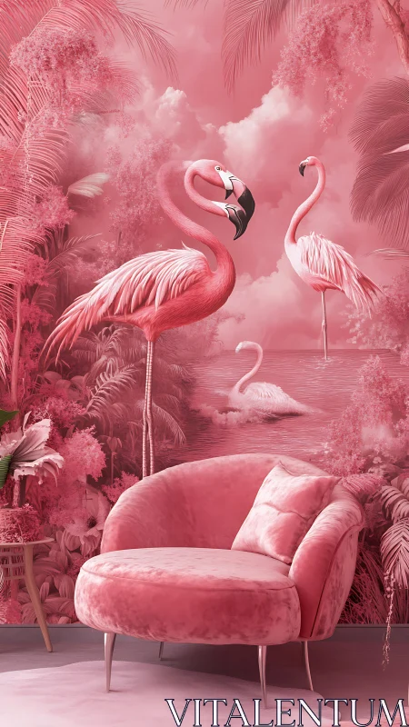 Plush flamingo lounge swirling in monochrome tropical dreams.