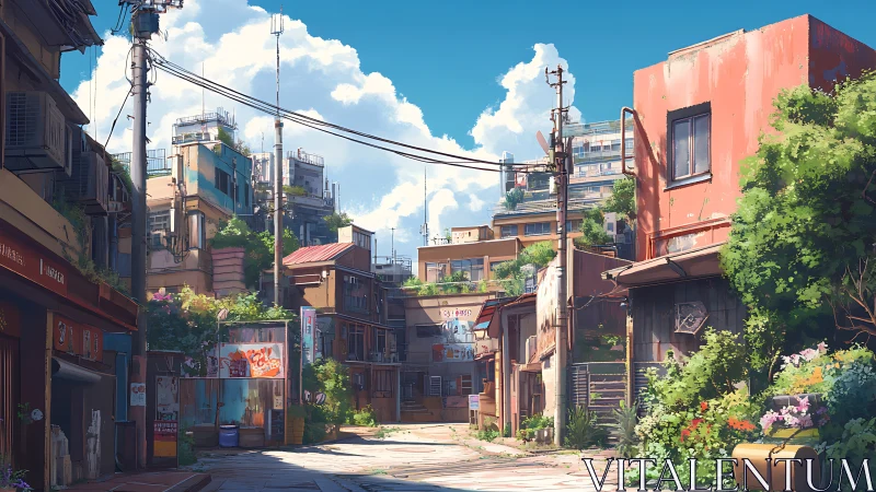 Urban backstreet with low-rise buildings and foliage.