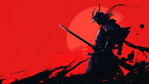 Samurai warrior silhouette stands before a red sun backdrop