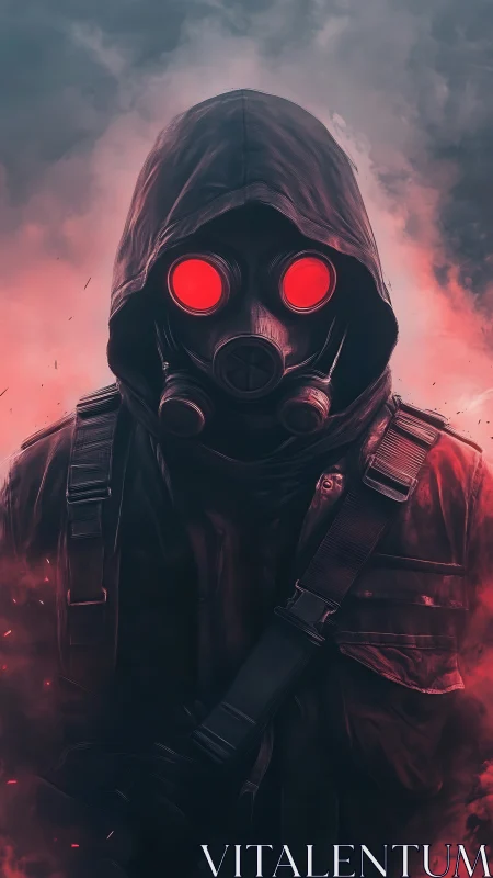 Mysterious hooded wanderer steps through red smoke and shadow