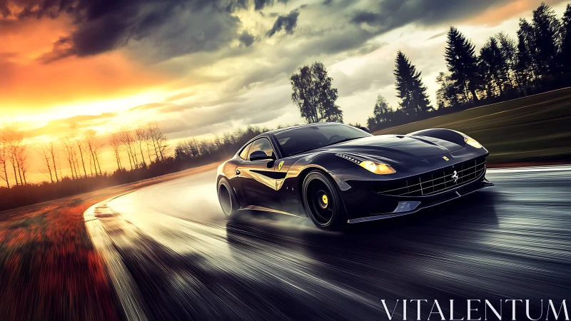 Black supercar slices wet racetrack under burning sky.