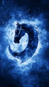 Stylized blue horse head emblem in glowing abstract field.
