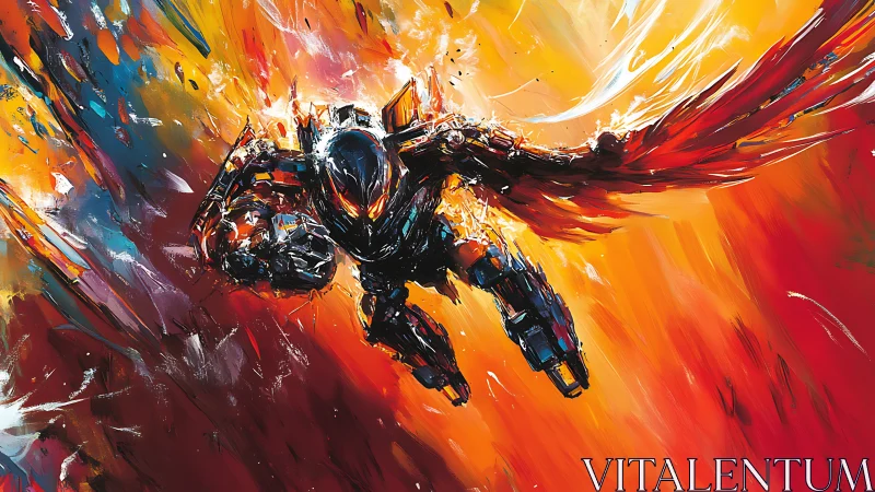 Armored winged mech dives through explosive molten sky