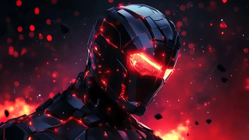 Armored cyber warrior glares through molten red neon haze