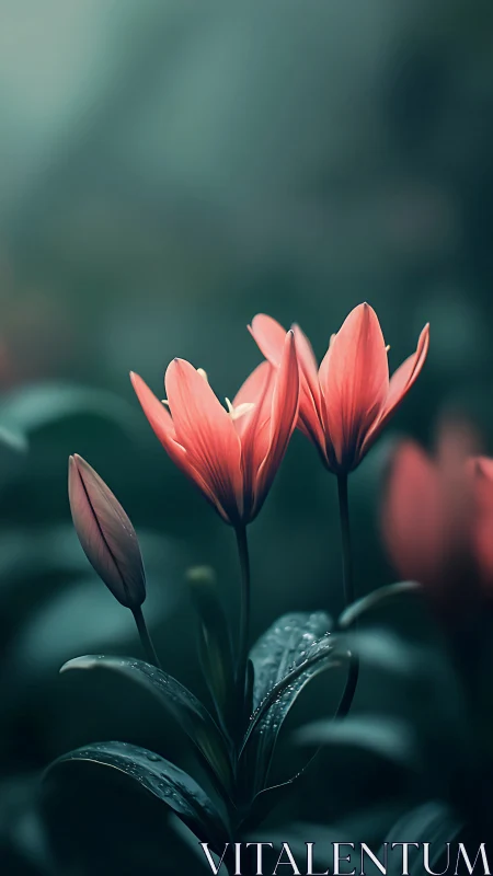Red Tulips with Water Droplets on Foliage
