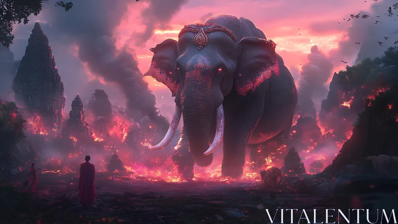 Giant adorned elephant advances through burning temple valley