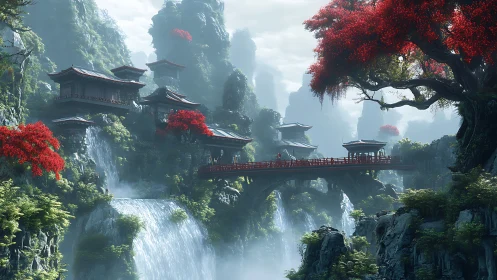 Tranquil mountain temples and bridge above cascading waterfalls.