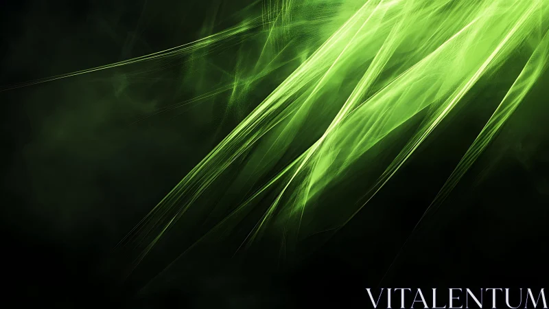 Abstract green light streaks on dark background, digital art.