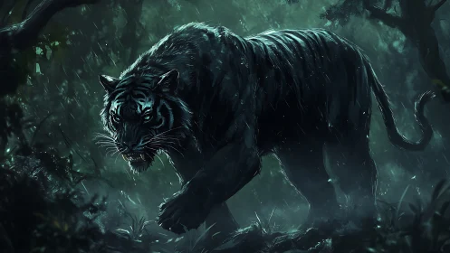 Black tiger stalks through dark rain-soaked jungle at night.
