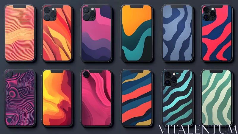 Geometric gradient phone wallpapers with layered wave abstractions.