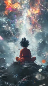 Young warrior meditates beneath a cosmic energy storm.