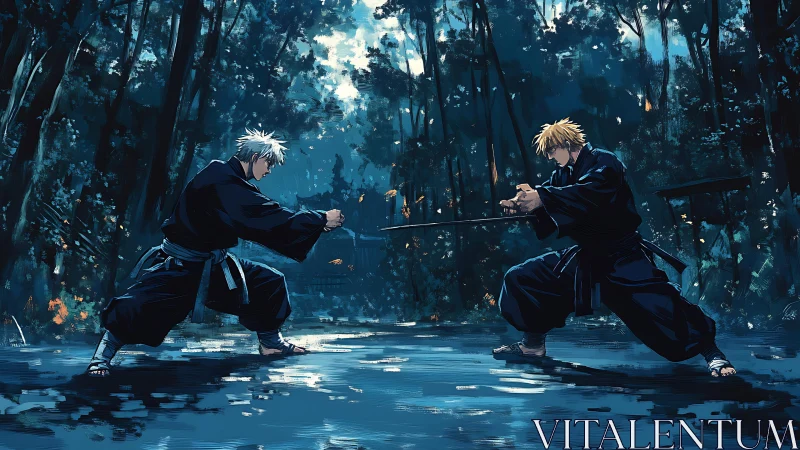 Samurai duel in rain-soaked forest with dynamic blue lighting.