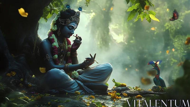 Divine blue flutist dreaming with birds in luminous forest.