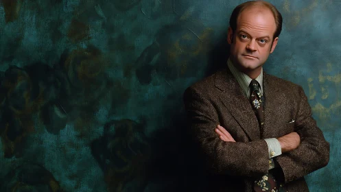 Vintage portrait of suited man against textured teal floral wall