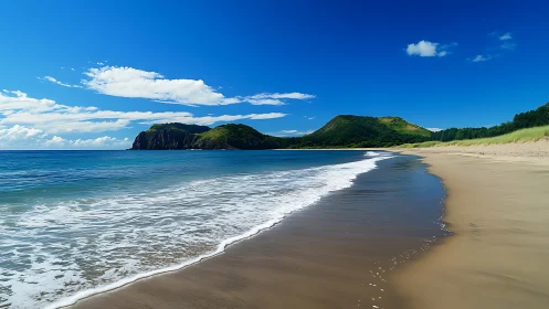 Verdant Coastal Haven: Mountain-Framed Beach and Turquoise Waters.