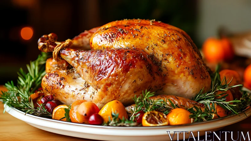 Golden-Roasted Poultry with Root Vegetable Garnish and Herb Styling.