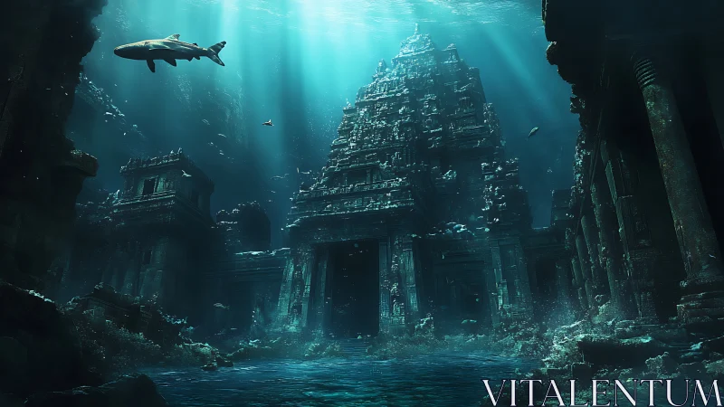 Submerged temple complex with pyramid tower and reef wildlife