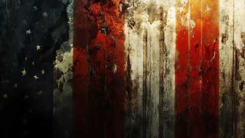 Weathered American flag painted across distressed metal wall