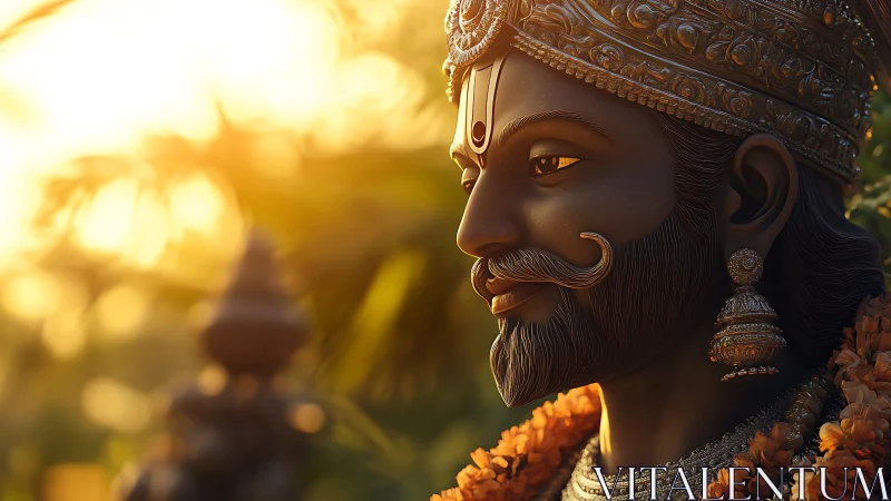 Regal Hindu deity statue in warm sunset glow.
