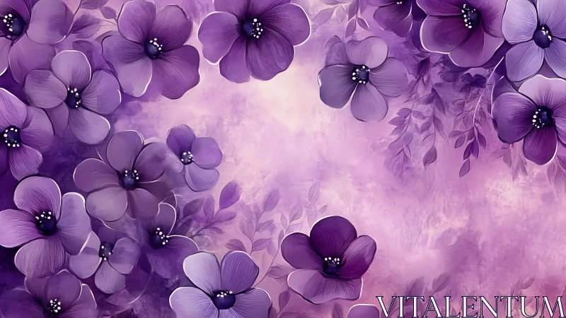 Purple floral composition with dimensional petal layering and jeweled centers.