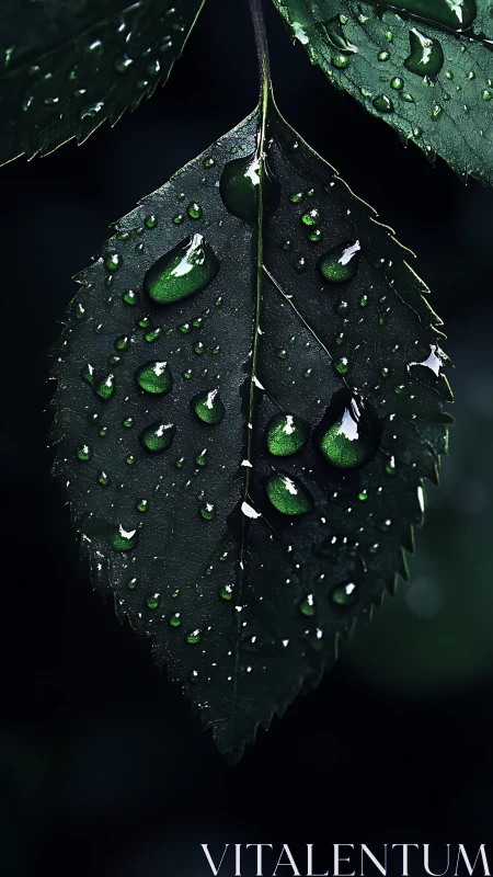 Dark green leaf carries sharp raindrops in dramatic closeup