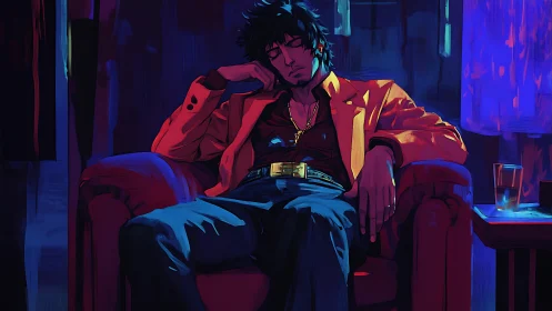 Man resting in armchair under saturated colored lighting.