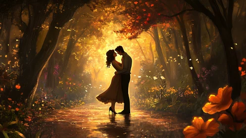 Silhouetted Couple in Luminescent Forest Canopy with Autumnal Foliage.