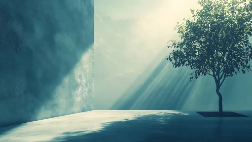 Quiet sunlit courtyard tree glowing in gentle morning light.