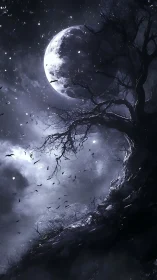 Nocturnal moonrise over twisted cliffside in digital painting.