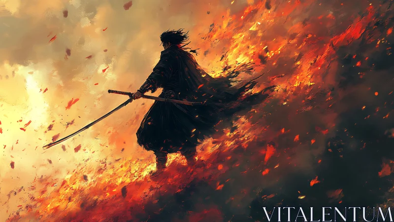 Lone katana swordsman silhouetted against erupting inferno sky