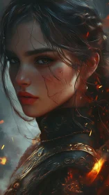 Digital painting portrait of scarred warrior in ember-lit armor.