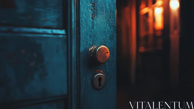 Weathered blue door stands ajar, inviting warm mystery within