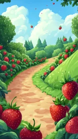 Strawberry-lined dirt path through stylized green landscape.