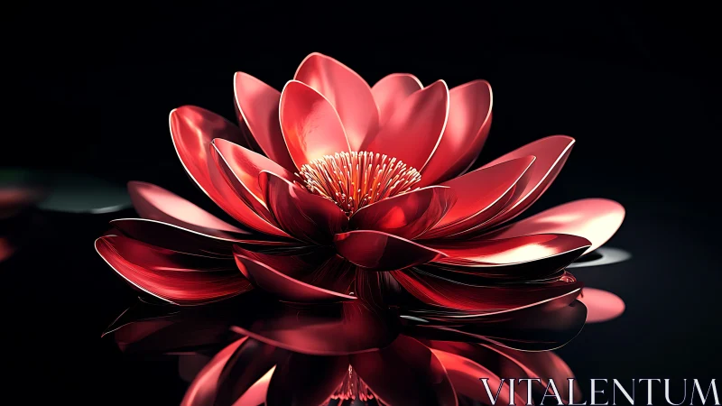 Red lotus flower glows over dark reflective water surface.