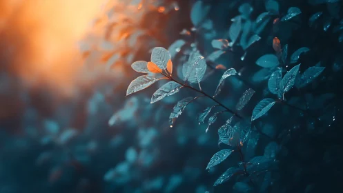 Bokeh-illuminated foliage with cyan-orange chromatic contrast.