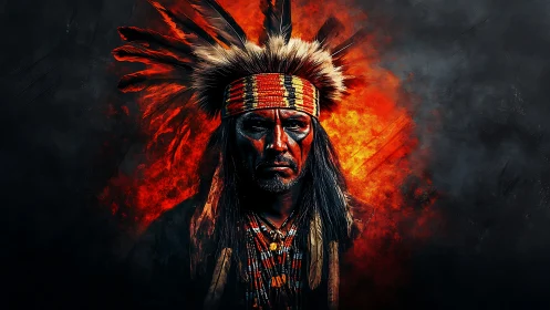 War-painted tribal leader emerges from incendiary abstract backdrop