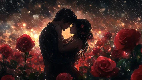 Two figures in rain surrounded by red roses.