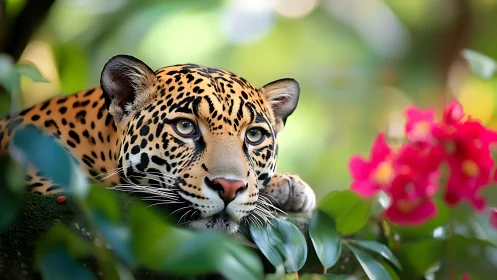 Photorealistic jaguar portrait framed by lush jungle foliage.
